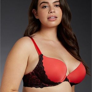 Red Microfiber Black Lace Push-Up Plunge Bra